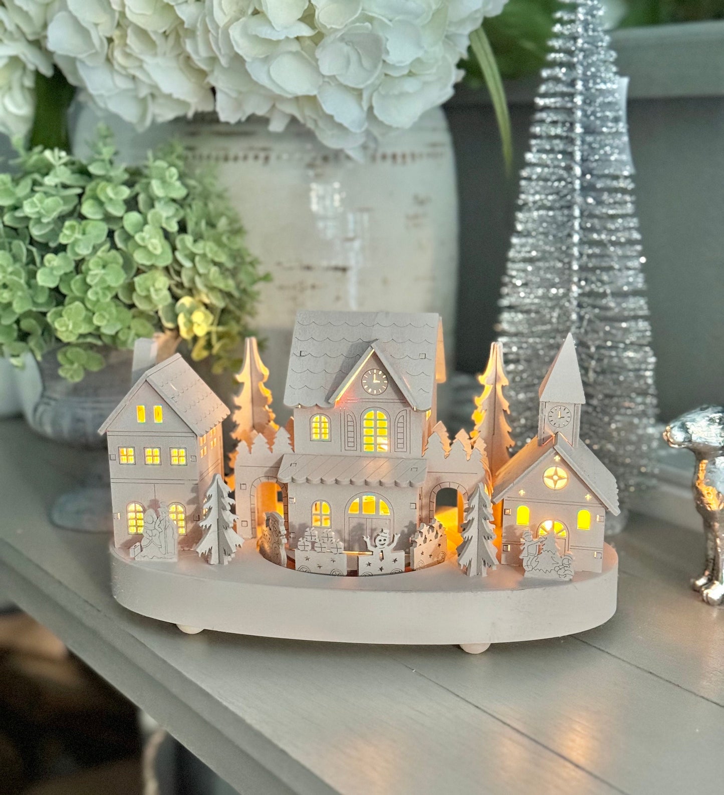 Taupe Wooden Christmas Village Scene With Moving Train And Lights.
