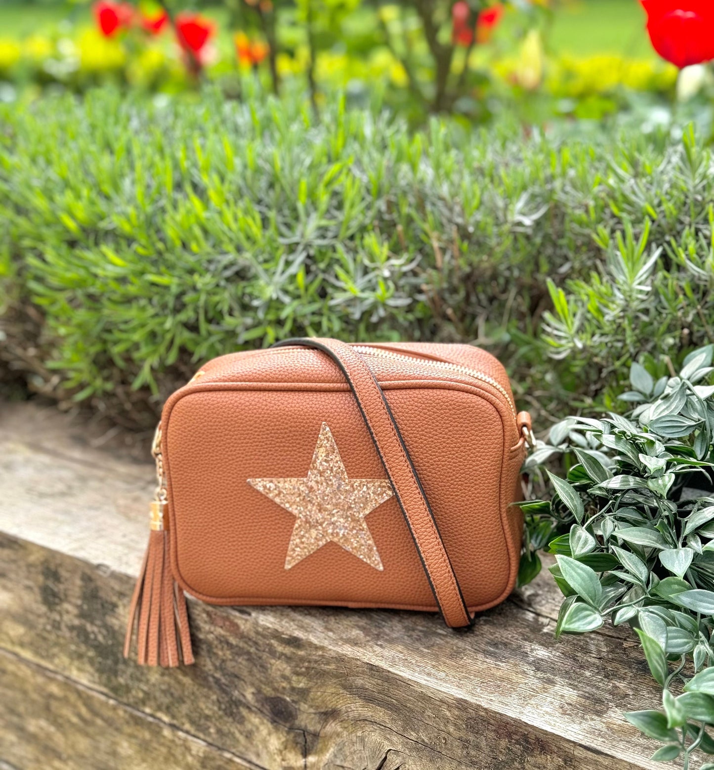 Tan Cross Body Handbag with Gold Star