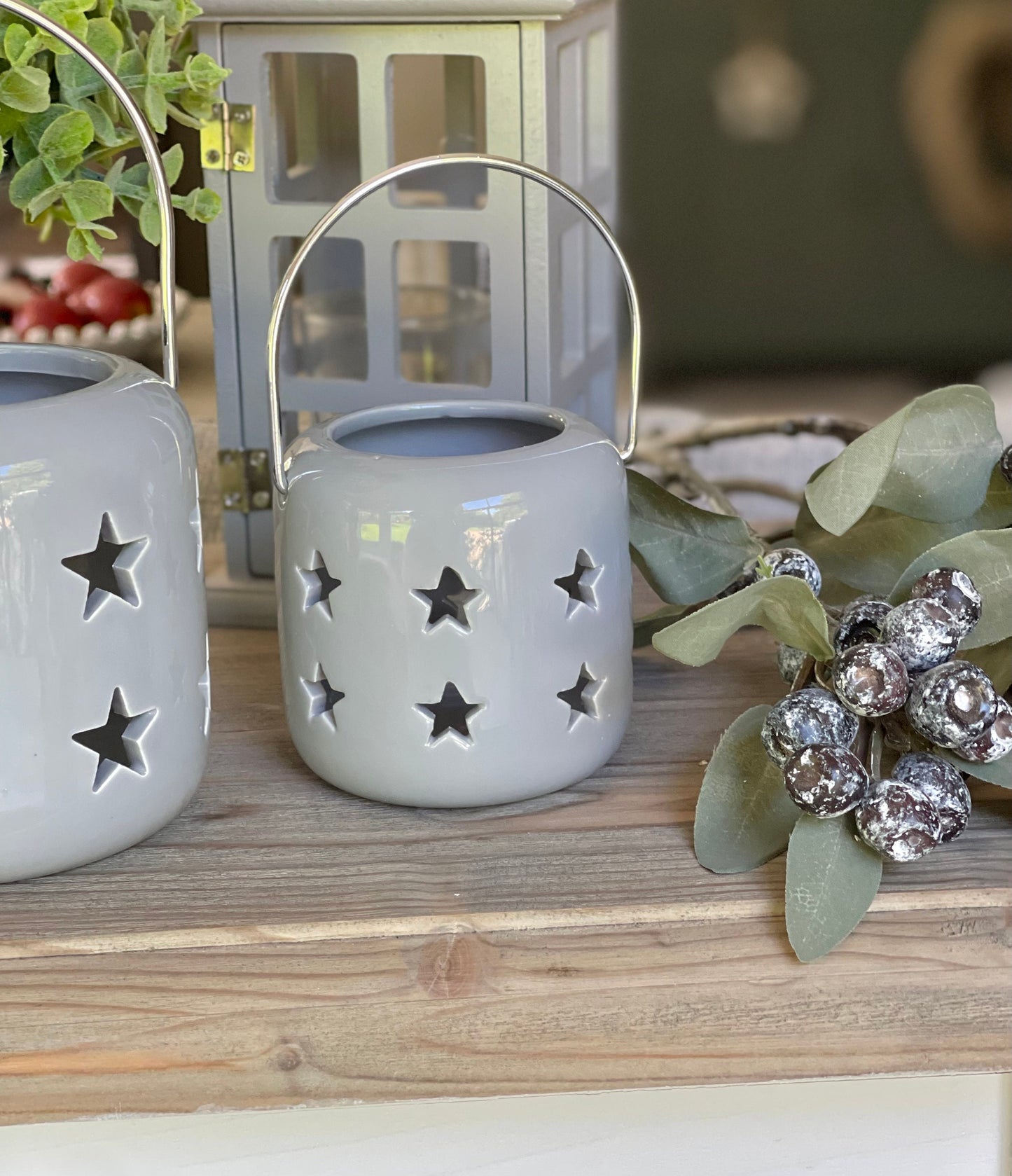 Grey Ceramic Star Cut Lantern - 2 Sizes Available