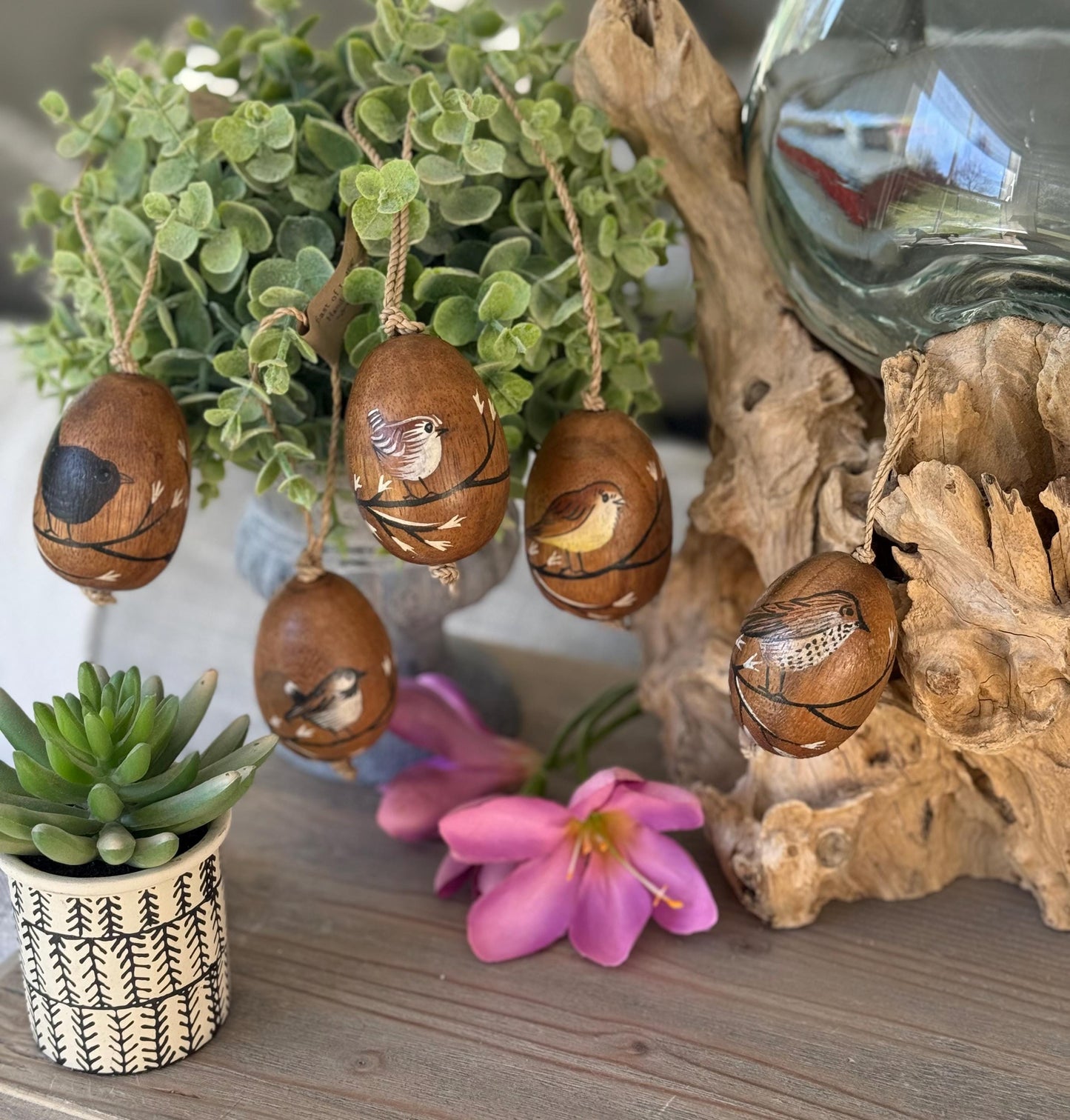 Wooden Painted Wild Bird Hanging Egg - 5 Options Available