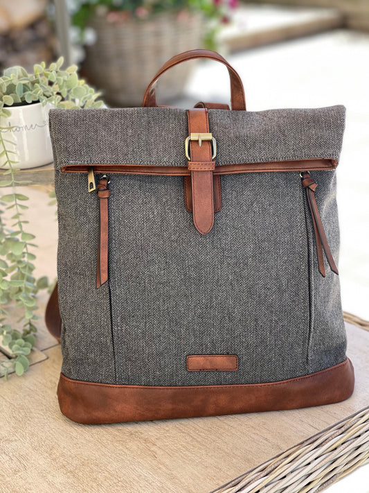 Grey Herringbone Rucksack/Backpack