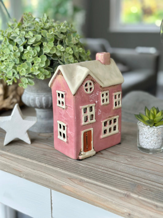 Pink Ceramic House /Cottage Candle Holder