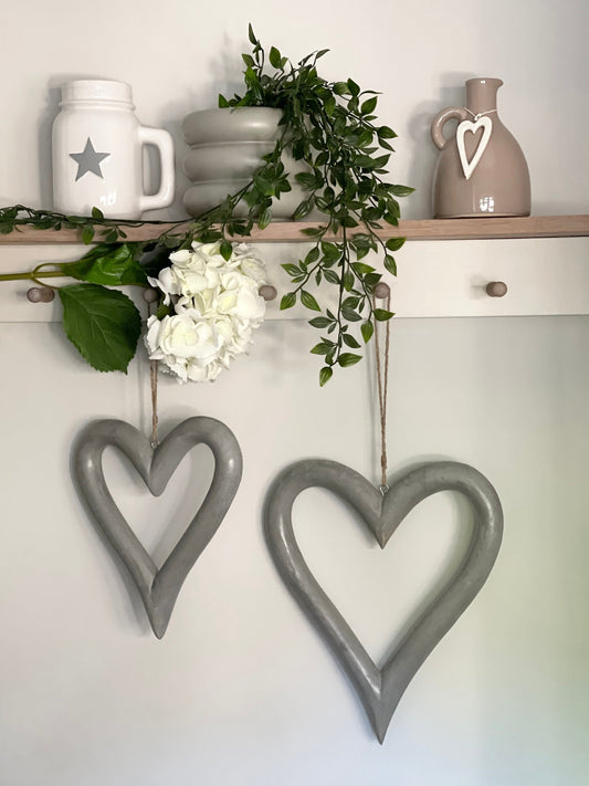 Grey Wooden Heart Hanging Decorations (Pair)