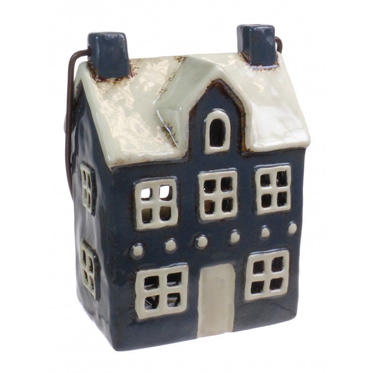 Navy Ceramic House/Cottage Candle Holder with Handle