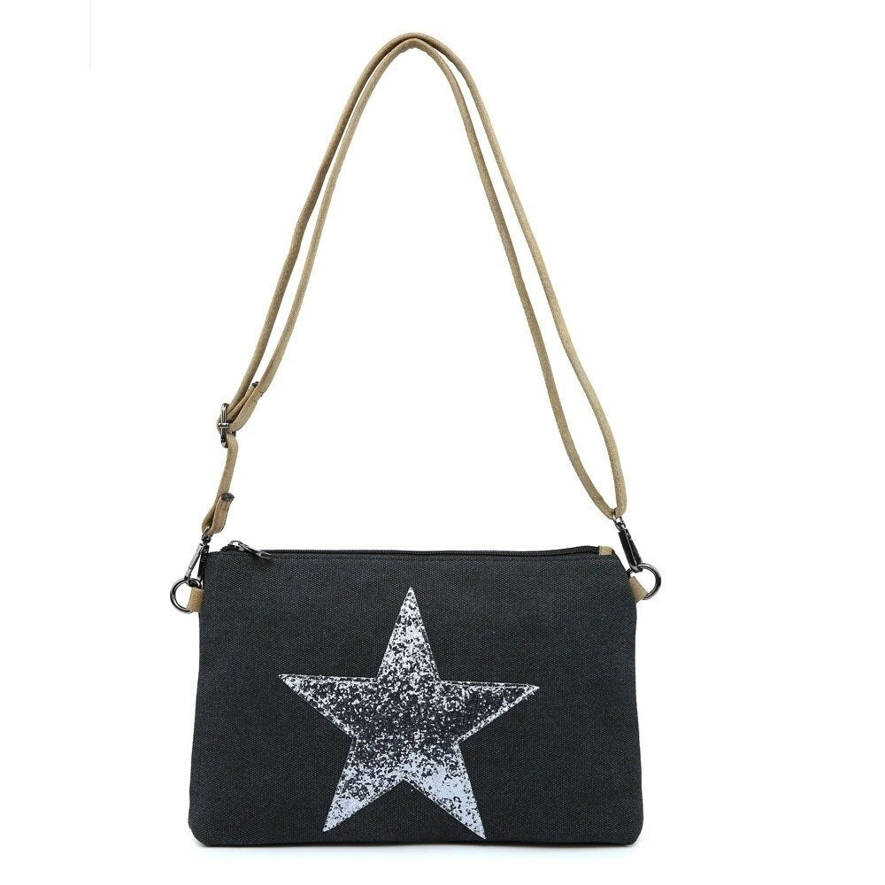 Black Flat Star Canvas Clutch/Crossbody with Strap