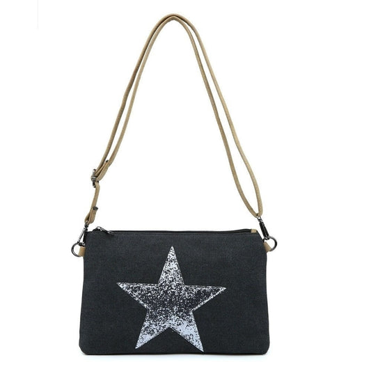Black Flat Star Canvas Clutch/Crossbody with Strap