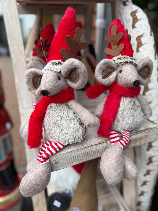Super Soft Festive Sitting Mouse with Red Antler Hat