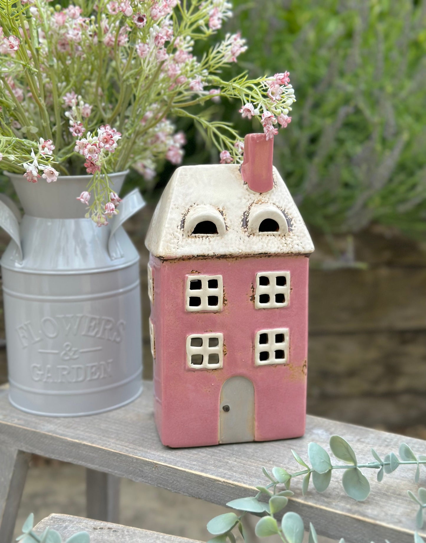 Pink Traditional Village House Candle Holder