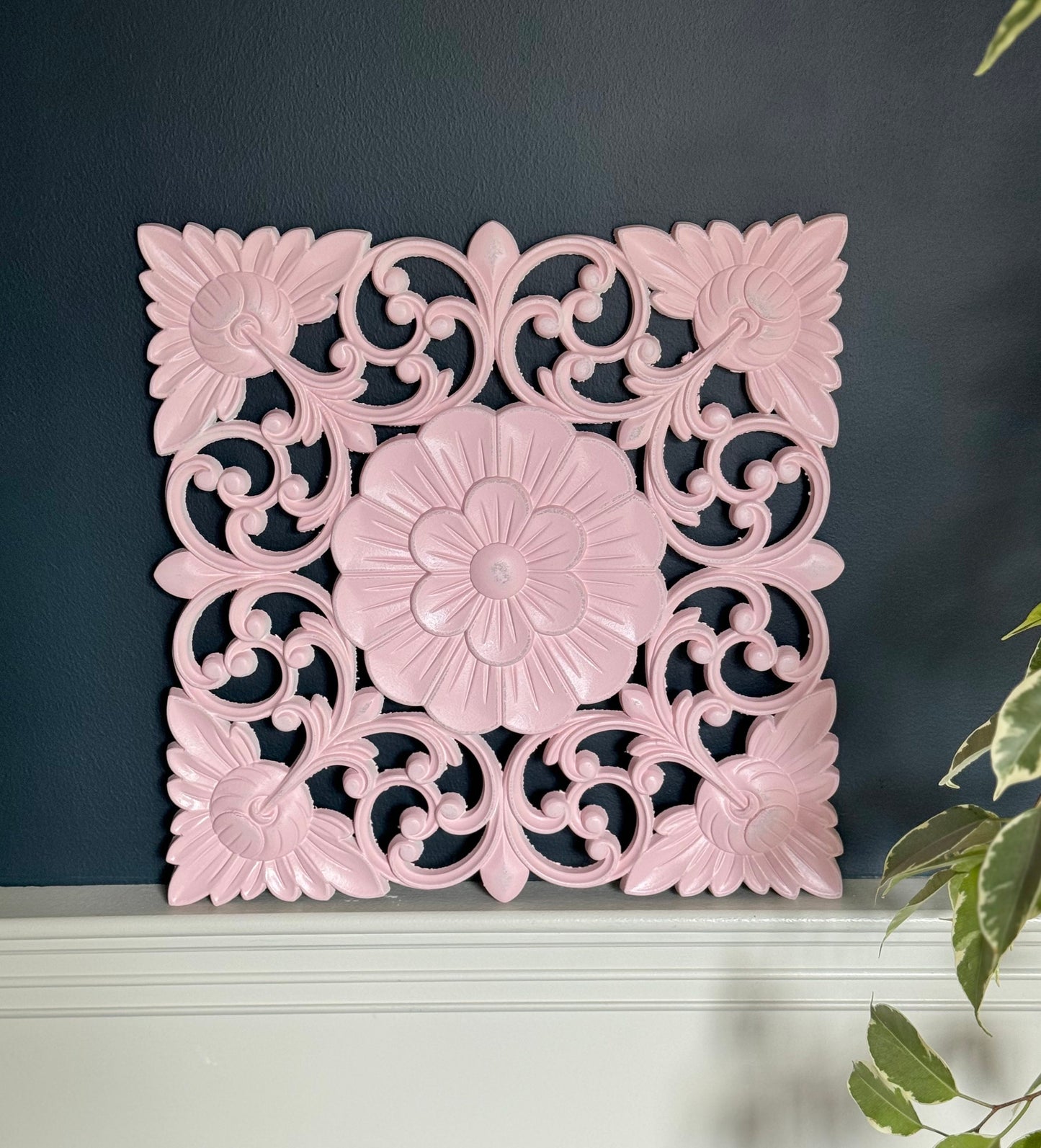 Floral Pink Painted Carved Square