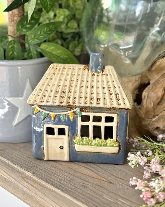 NEW! Blue Bunting Ceramic Tealight House