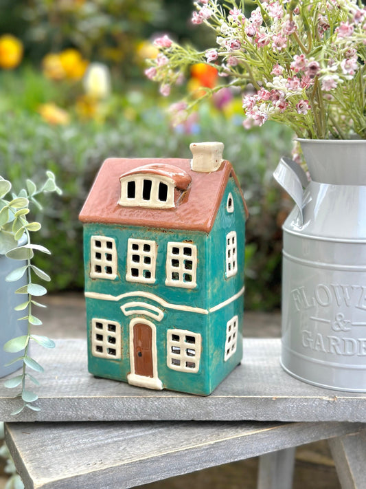 Turquoise Ceramic House/Cottage Candle Holder