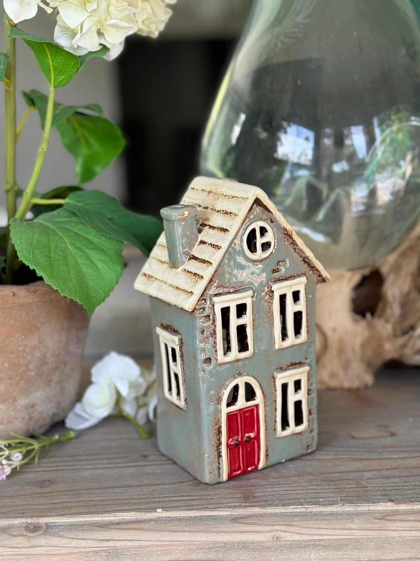 Duck Egg Traditional Village House /Cottage Candle Holder