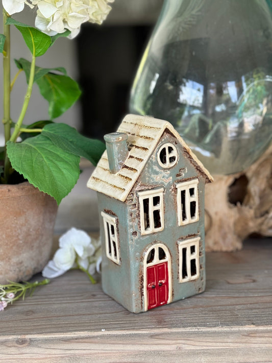 Duck Egg Traditional Village House /Cottage Candle Holder