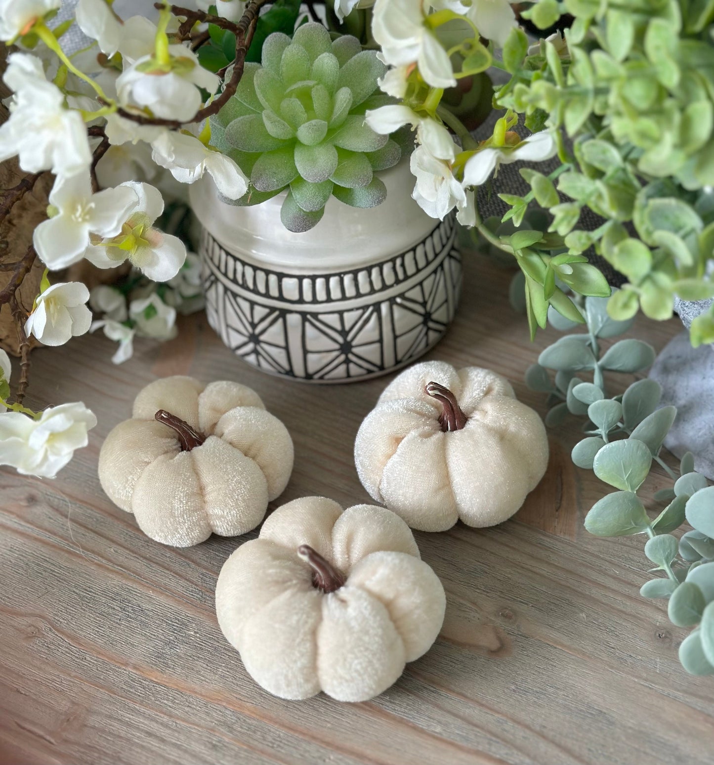 A charming set of 3 Ivory velvet pumpkins