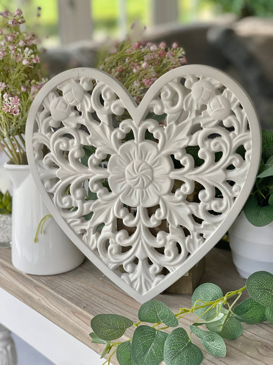 Hand Painted Light Grey Carved Heart