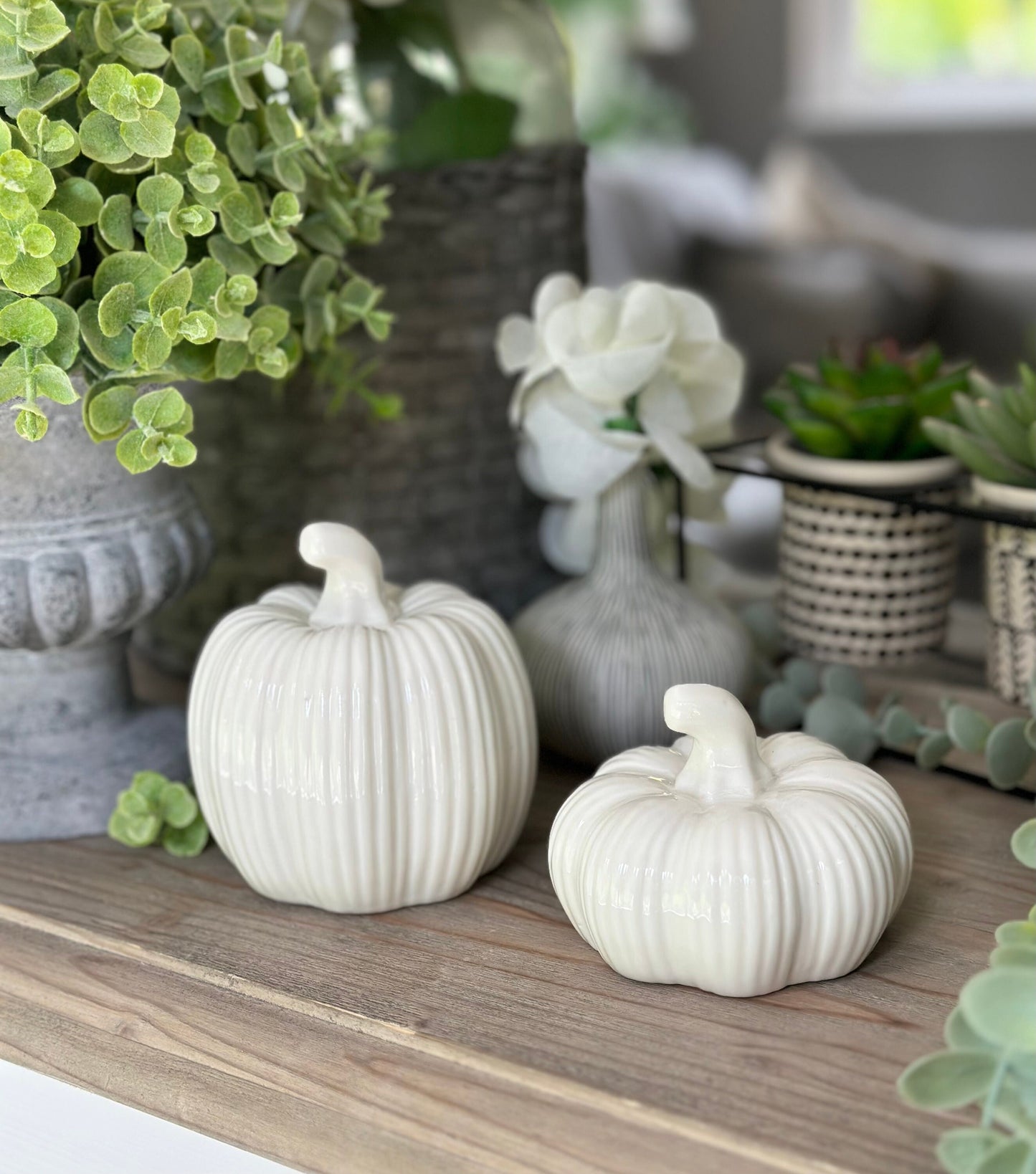Ribbed White Ceramic Pumpkins - Choice of 2 Sizes