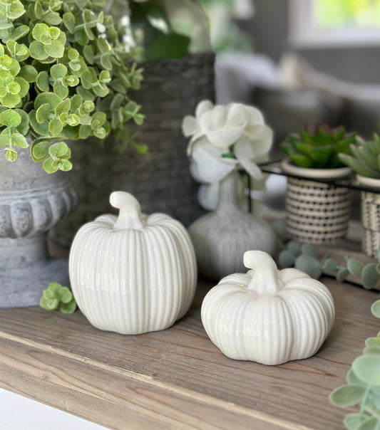 Ribbed White Ceramic Pumpkins - Choice of 2 Sizes