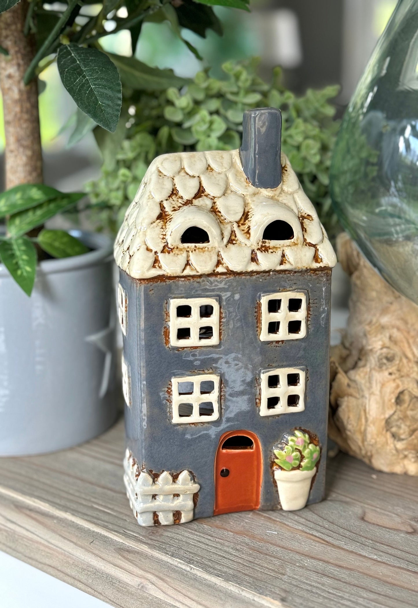 NEW! Navy Garden Ceramic Tealight House
