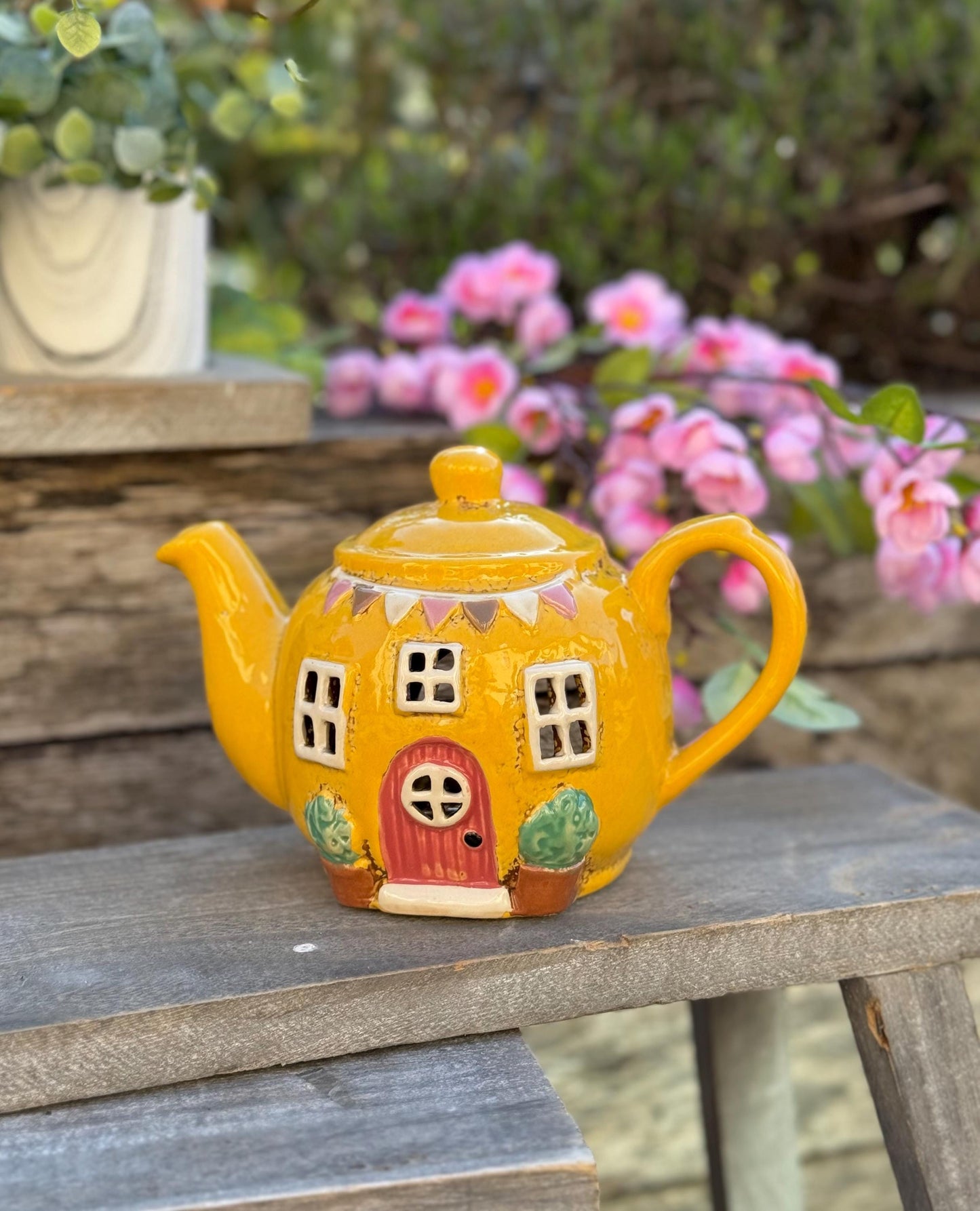 Ceramic Teapot House Tealight/Candle Holder - Yellow and Pink Available