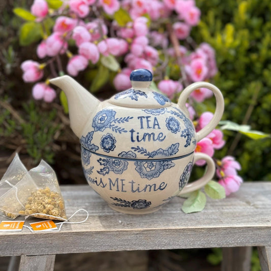 Blue Willow Floral Tea for One Teapot and Cup Set