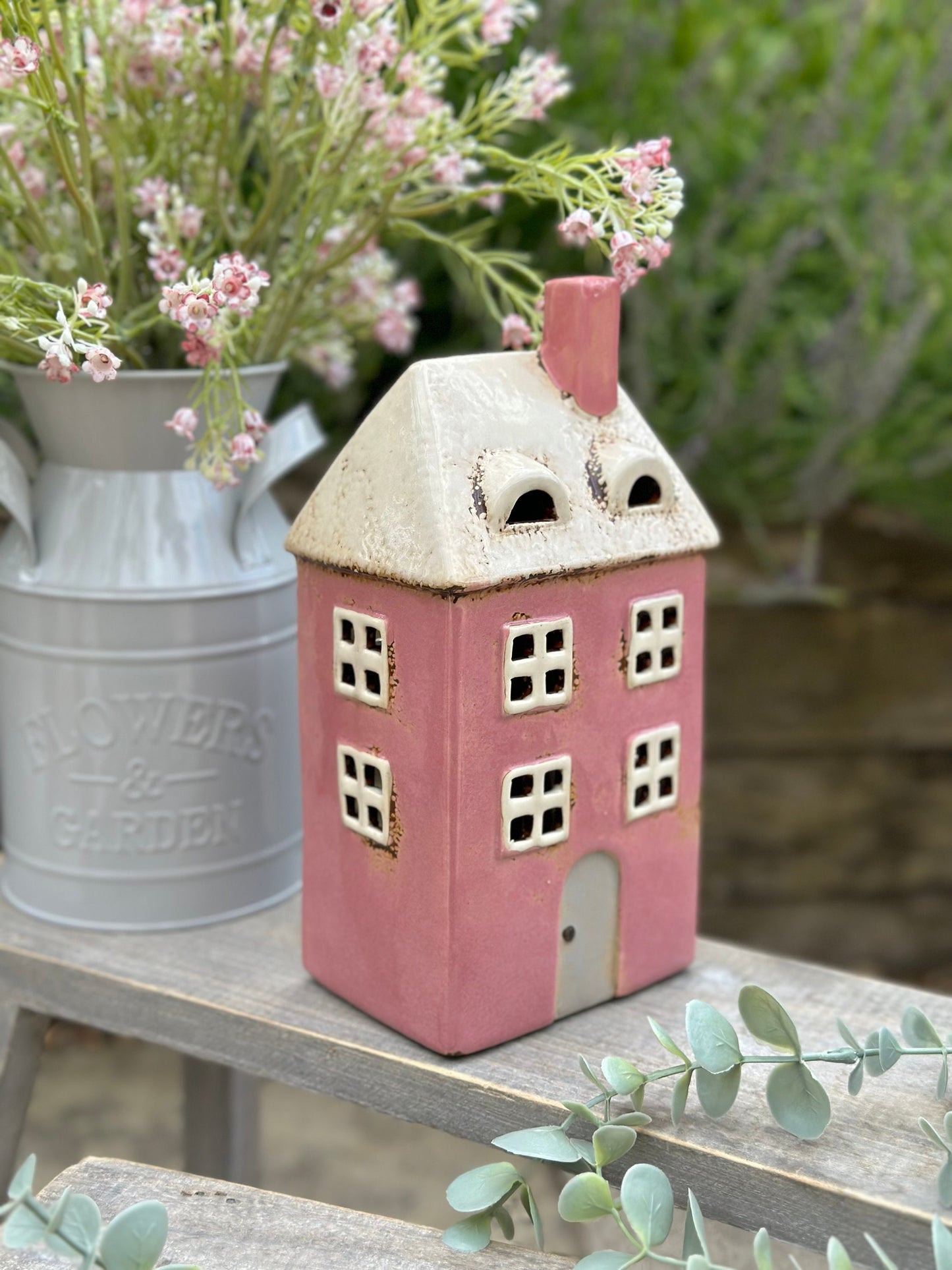 Pink Traditional Village House Candle Holder
