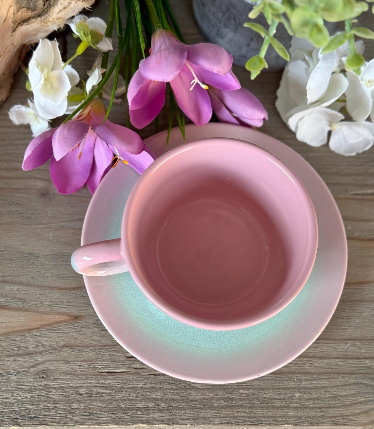 Pastel Tea Cup and Saucer Set:  Pink/Green