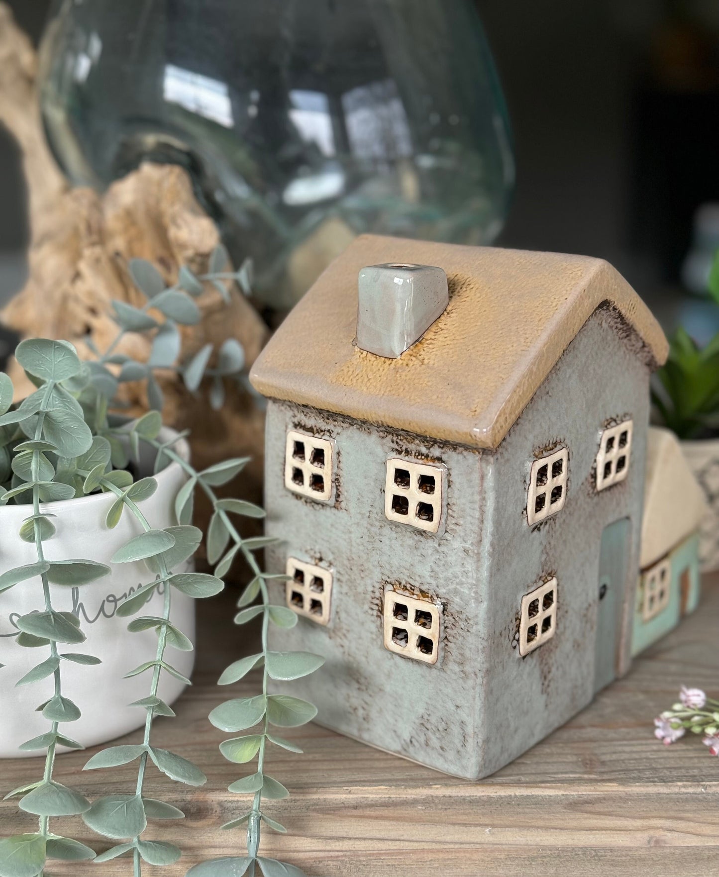 Cottage Pottery Grey/Aqua Two Tealight Houses