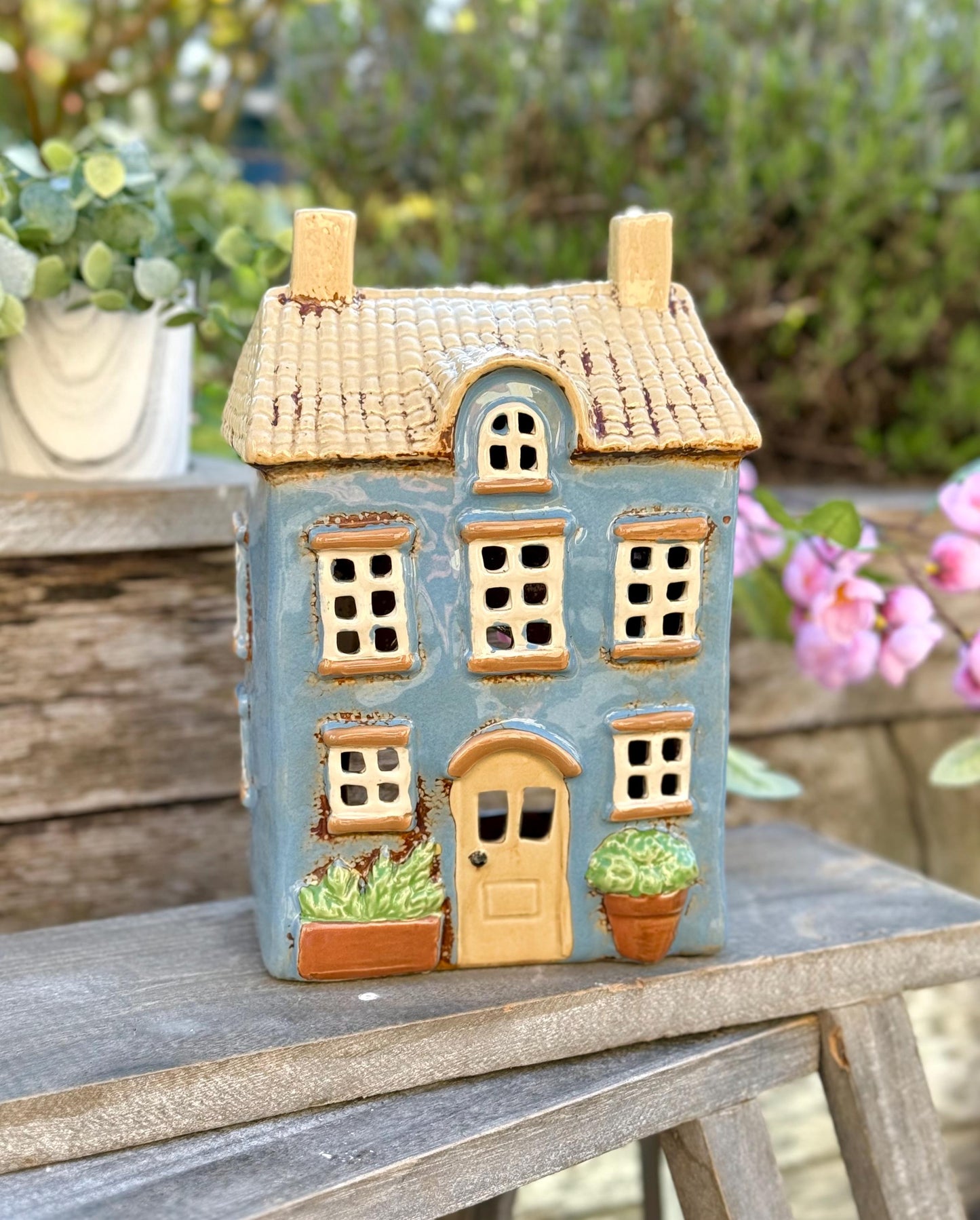 NEW! Tall Blue Townhouse/Country House Ceramic Tealight