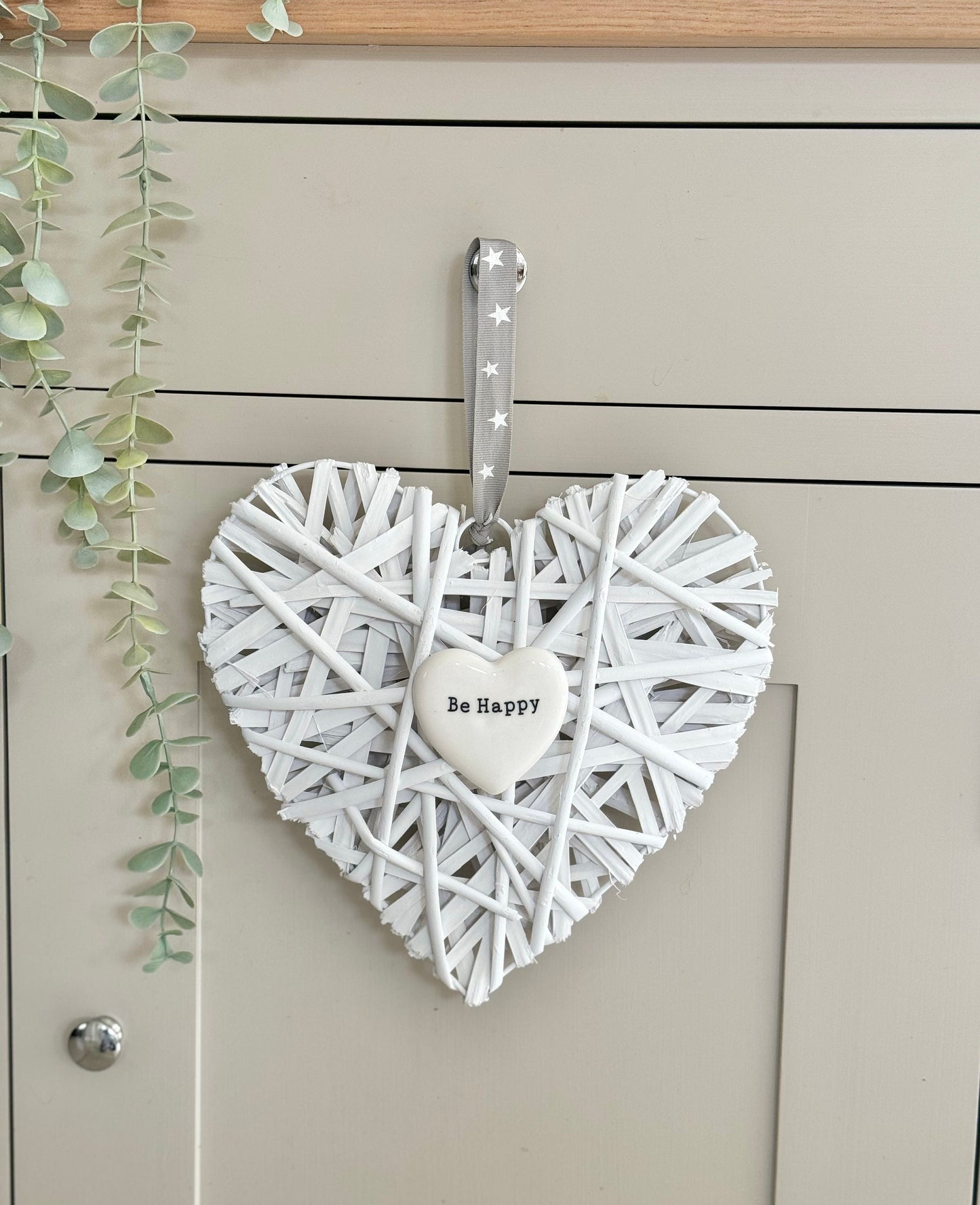 Be Happy White Wicker Heart Hanger