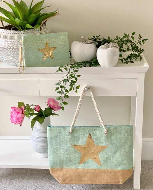 Teal/Gold Star Shopping Bag