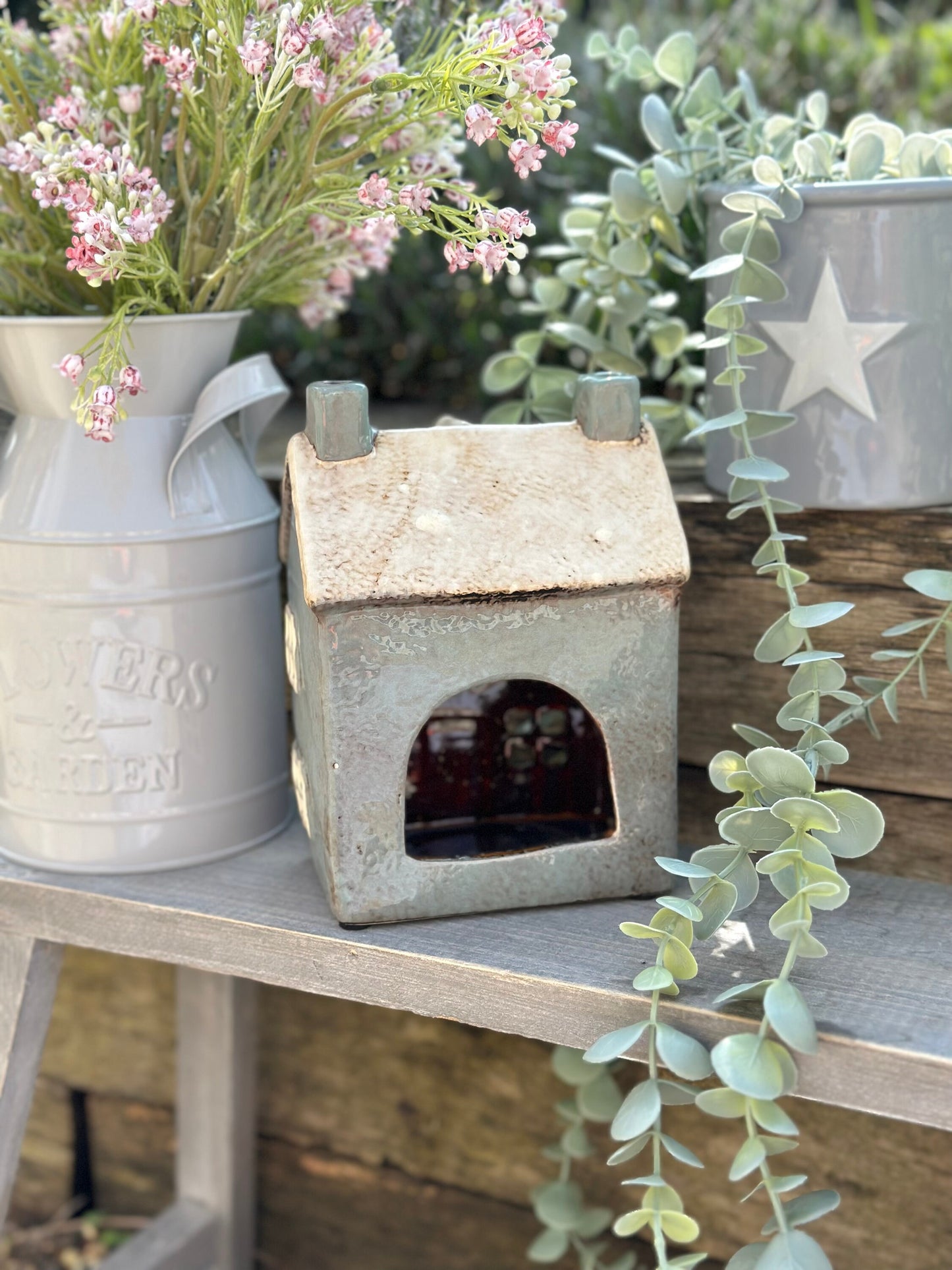 Duck Egg Traditional Village House /Cottage Candle Holder