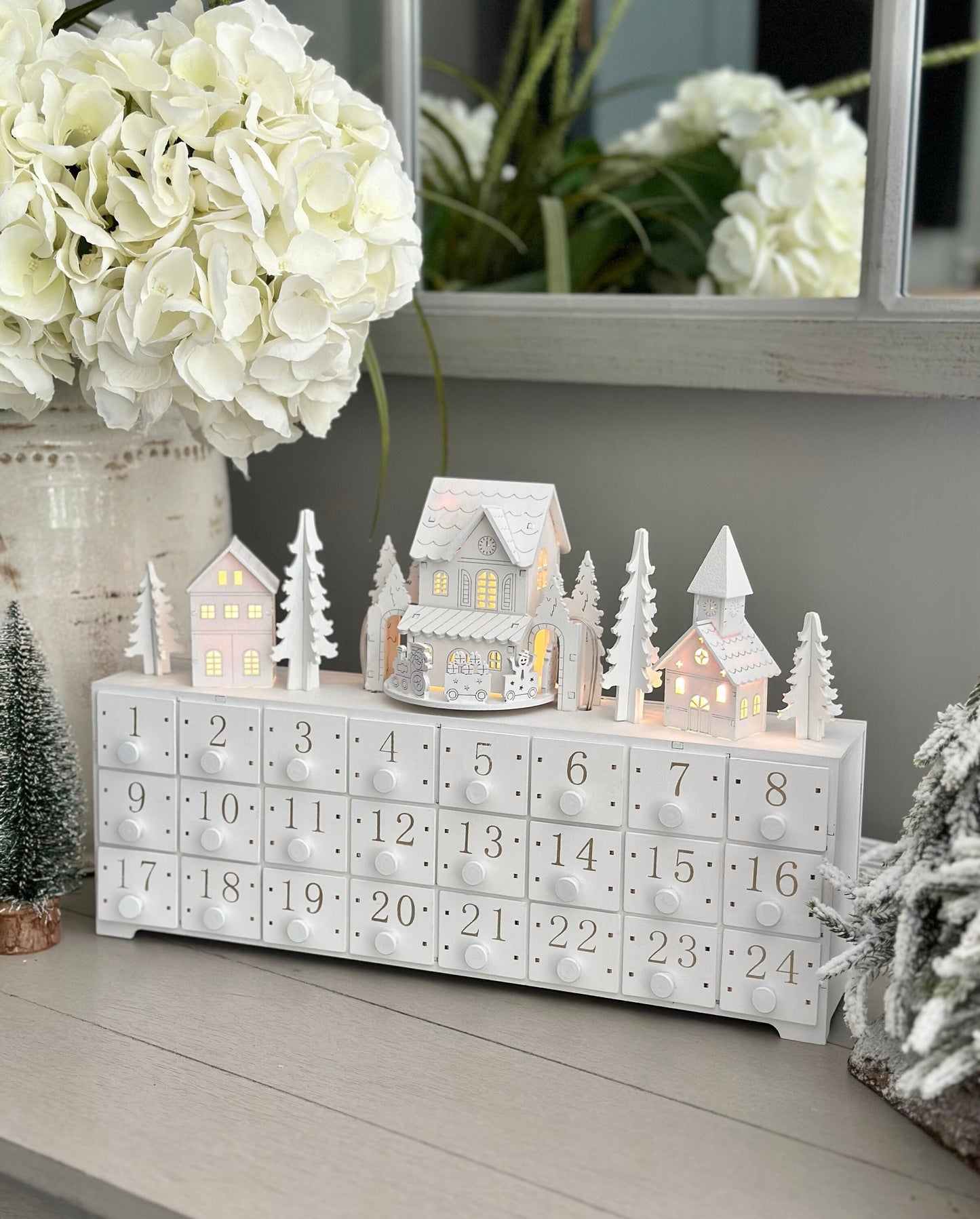 White Wooden Advent Block With Moving Train And Lights