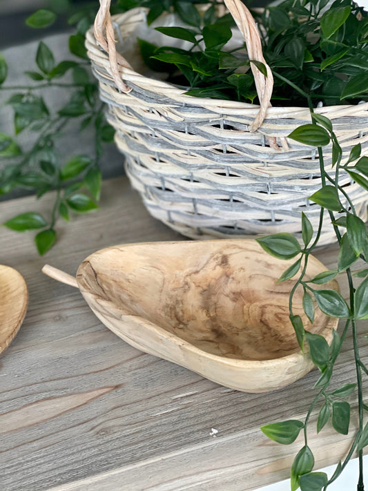 Rustic Wooden Carved Pear Bowl - Natural
