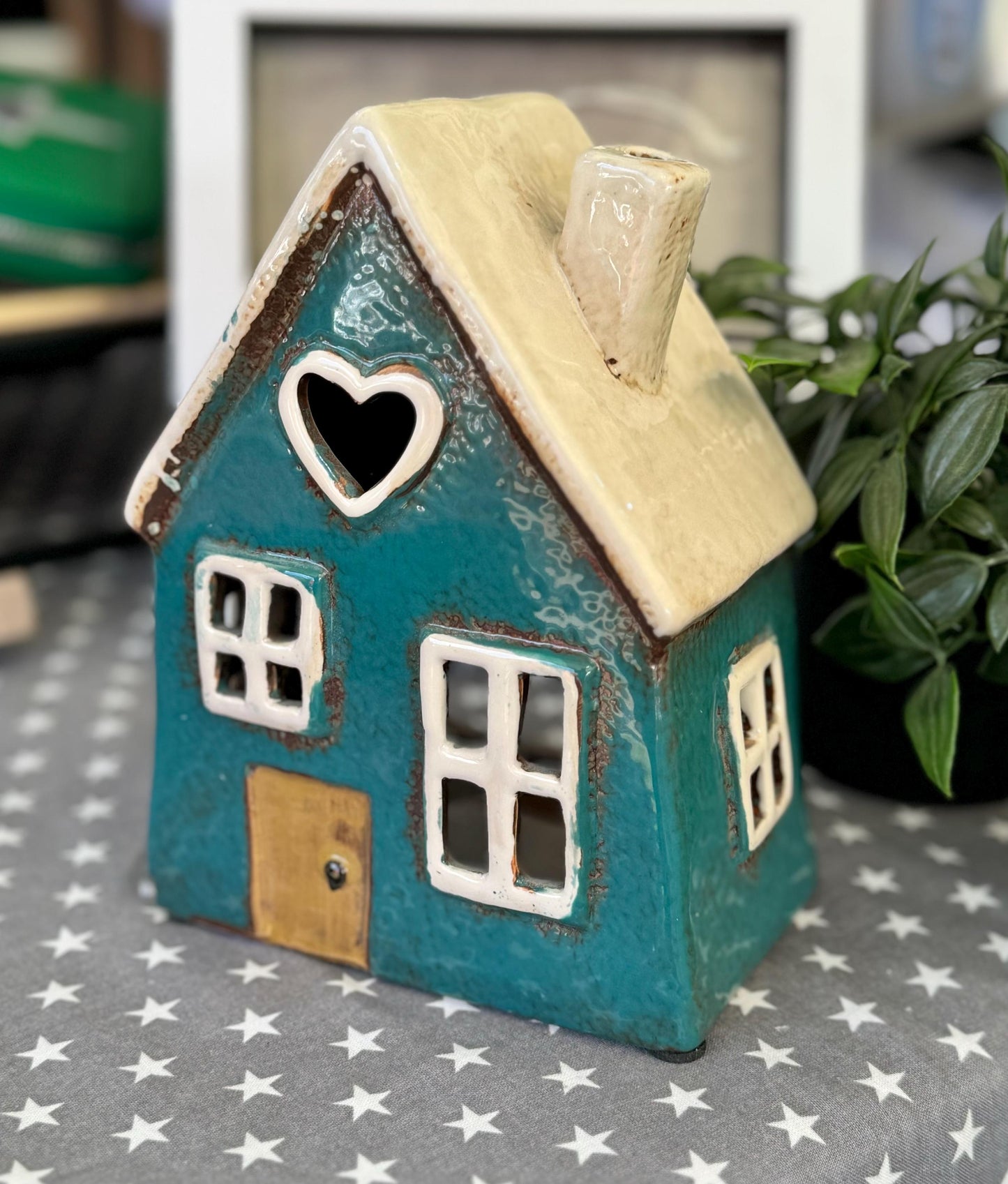 NEW! Teal Ceramic Heart House Tealight Holder
