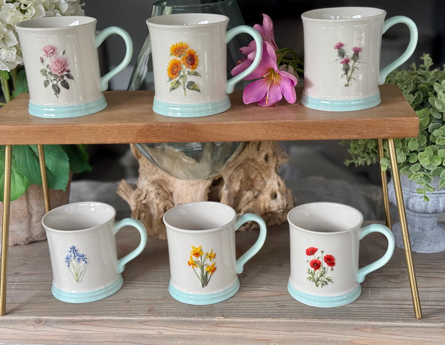NEW Stoneware Embossed Mug - Rose, Sunflower, Thistle, Bluebells, Daffodil and Poppy