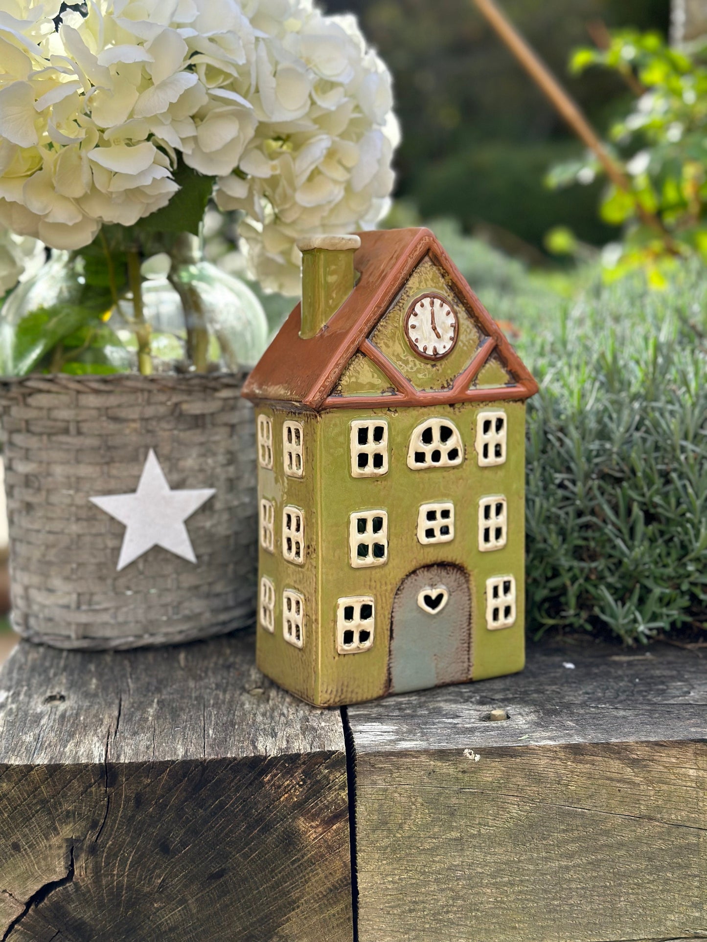 Sage Ceramic House/Cottage Candle Holder - 26cm