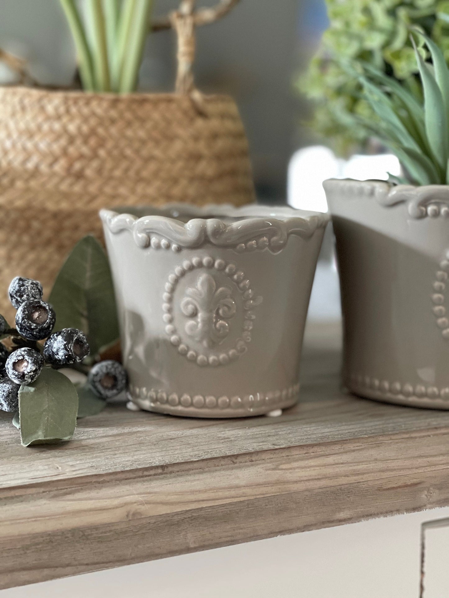 Embossed Grey Fleur De Lis Pot - 2 Sizes