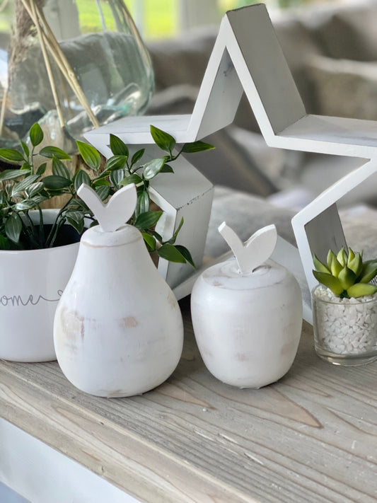 White Hand Carved Wooden Apple and Pear