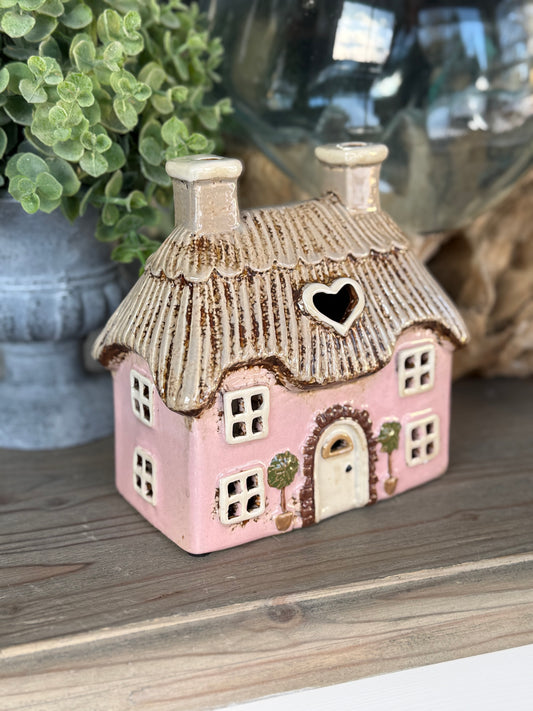 Pink Thatched Cottage Tealight Holder