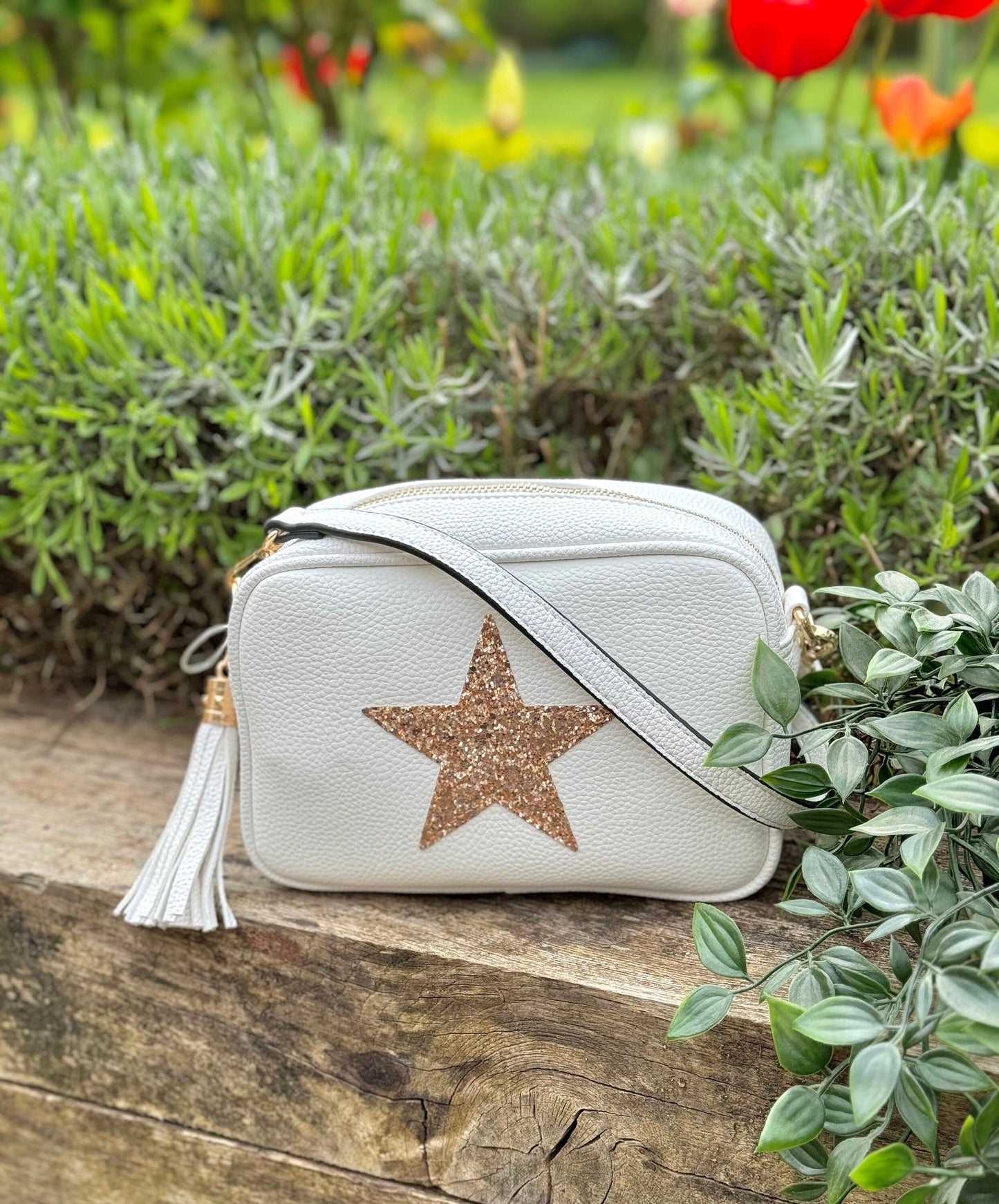 White Cross Body Handbag with Gold Star