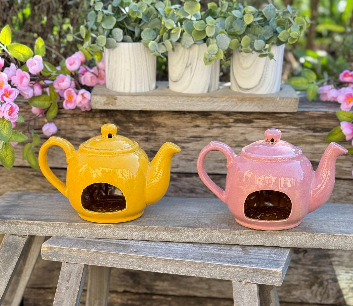 Ceramic Teapot House Tealight/Candle Holder - Yellow and Pink Available