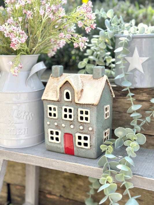 Duck Egg Traditional Village House /Cottage Candle Holder