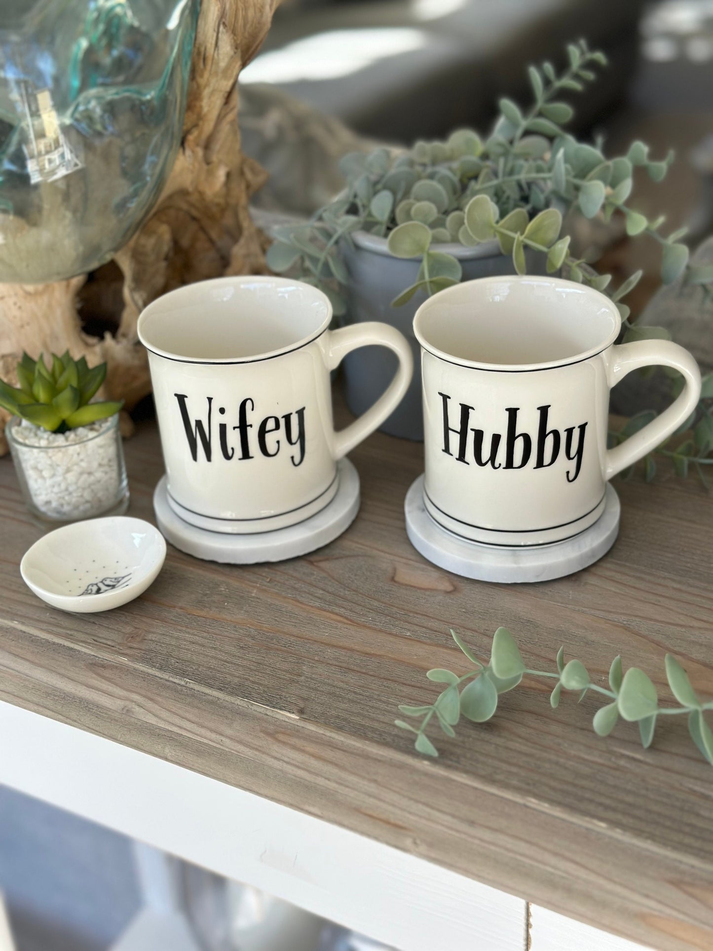 White Hubby and Wifey Porcelain Mugs.