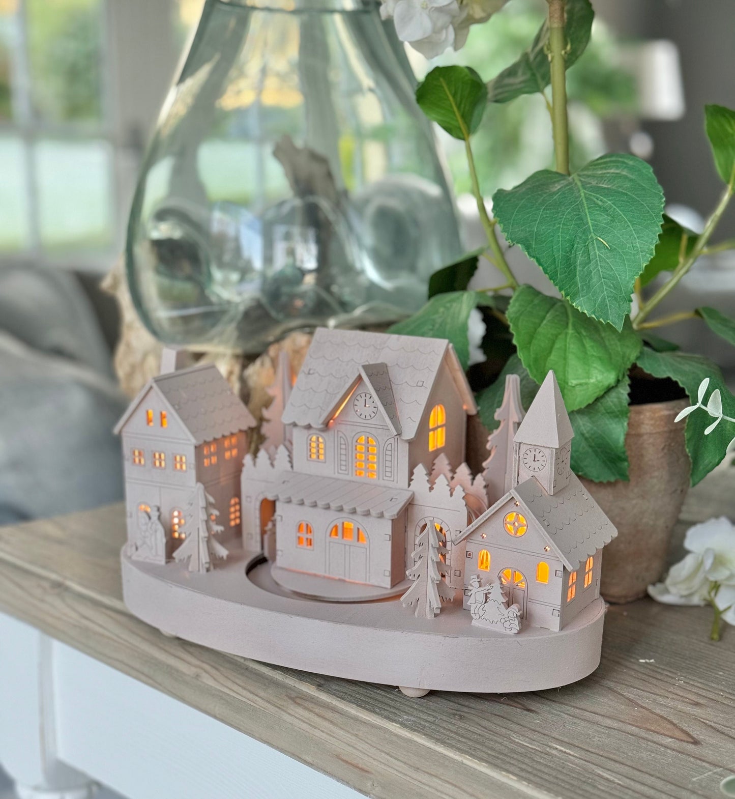 Taupe Wooden Christmas Village Scene With Moving Train And Lights.