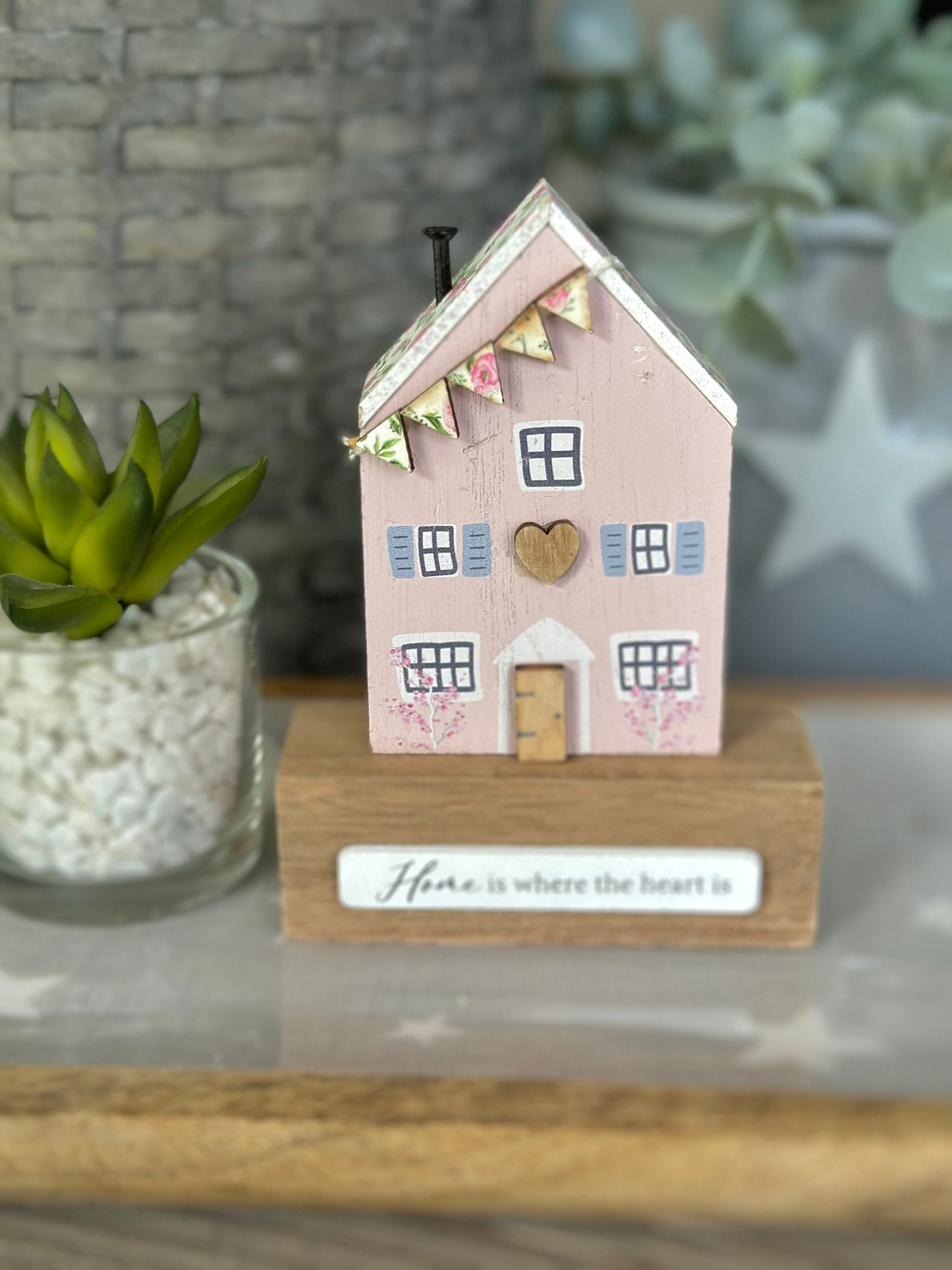 Pink Wooden House Block  "Home is where the heart is"