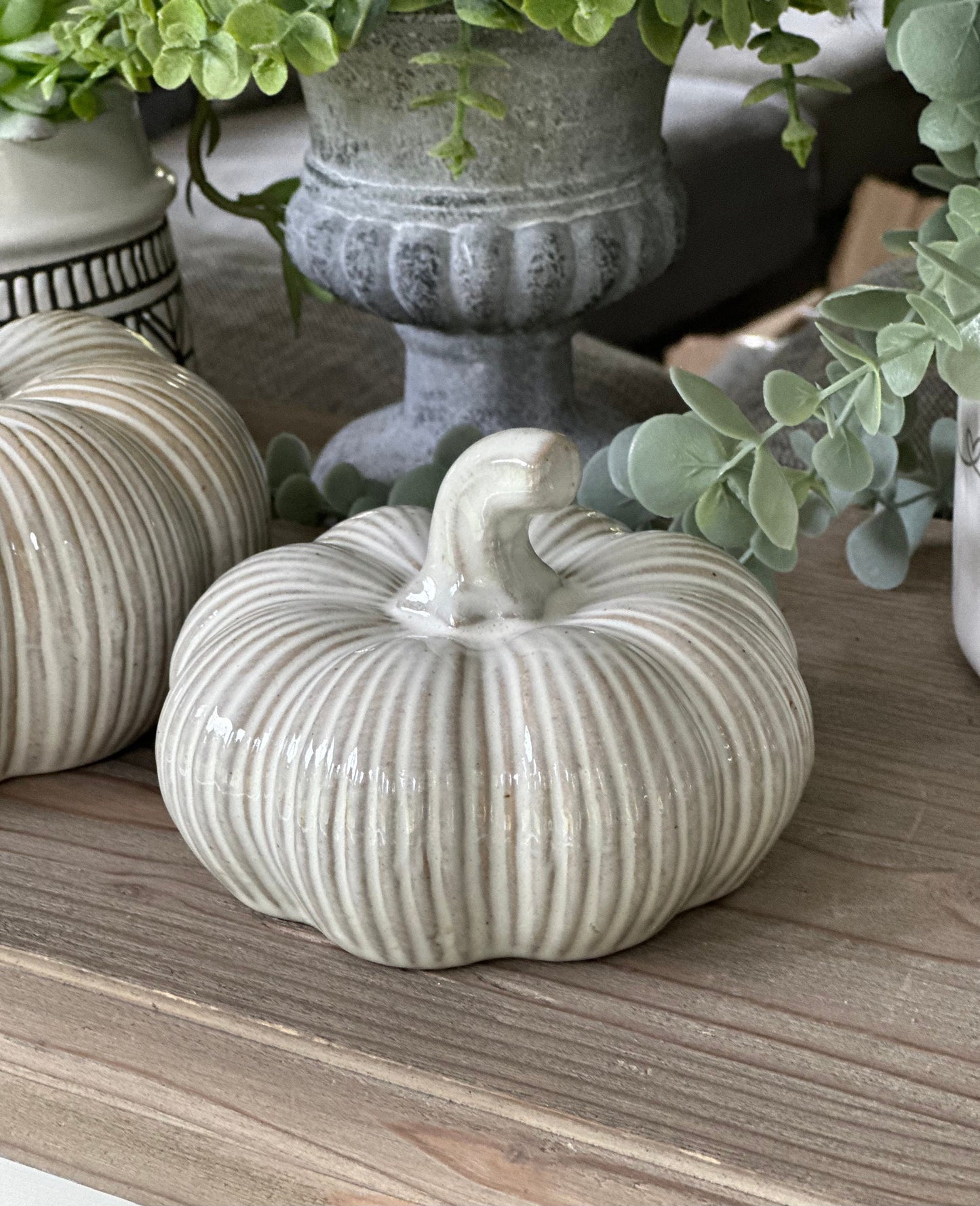 Distressed Ribbed White Ceramic Pumpkins - Choice of 2 Sizes