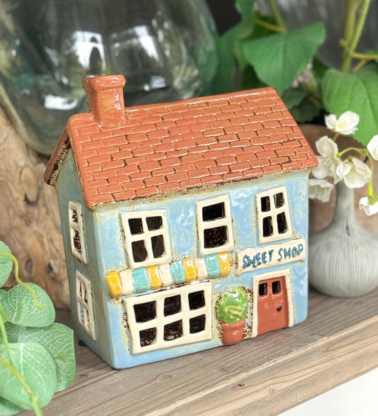 NEW! Blue Village Sweet Shop Ceramic Tealight House