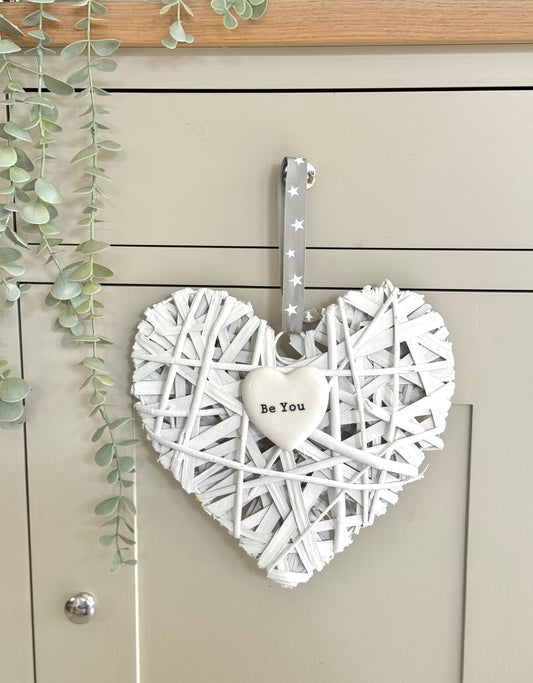 Be You White Wicker Heart Hanger