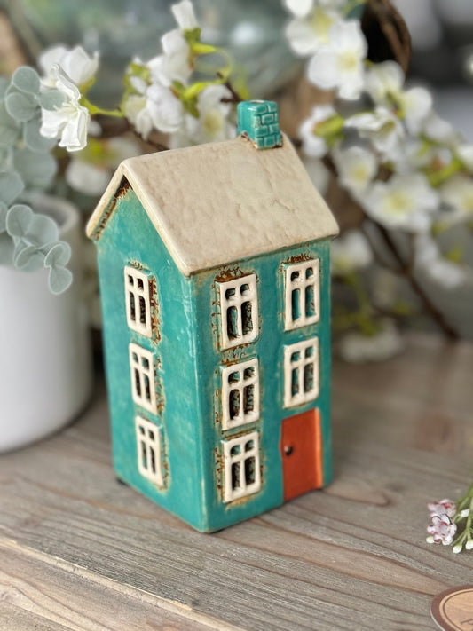 Teal Ceramic Townhouse Candle Holder