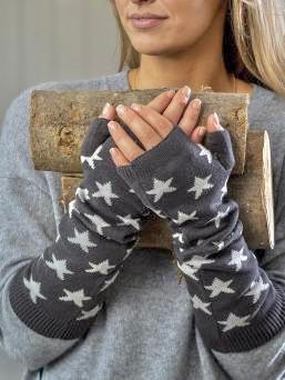 Dark Grey Cotton Long Fingerless Mittens